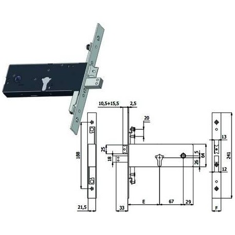 SERRATURA OMEC TRIPLICE INFILARE PER FASCE CATENACCIO E SCROCCO MM.64 H