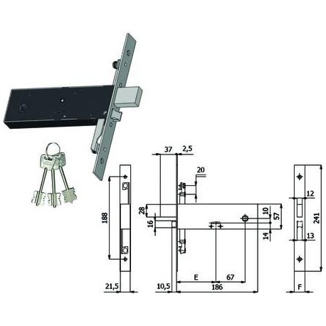 SERRATURA OMEC TRIPLICE INFIL. PER FASCE D/MAPPA CAT. E SCR. MM.57 H 5980 394031