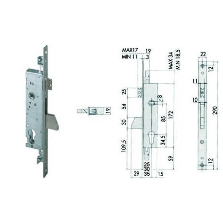 SERRATURA CISA TRIPLICE DA INFILARE PER MONTANTI CON QUADRO E SCROCCO 46225