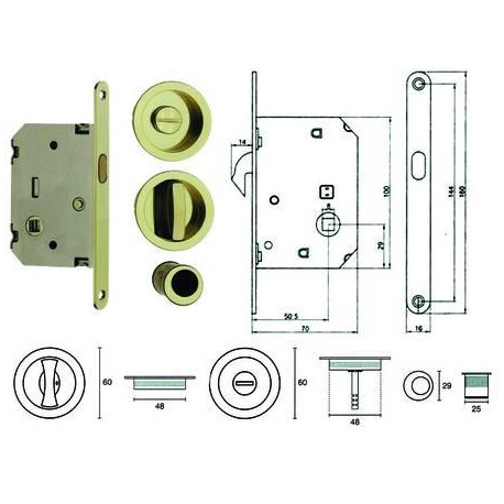 KIT SERRATURA PER PORTE SCORREVOLI B. TONDO ORO LUCIDO 399722
