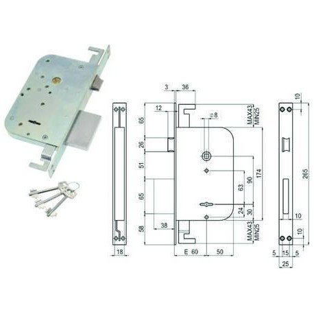 SERRATURA SAB TRIPLICE DA INFILARE D. MAPPA CON SCROCCO E CATENACCIO 600/3 404174