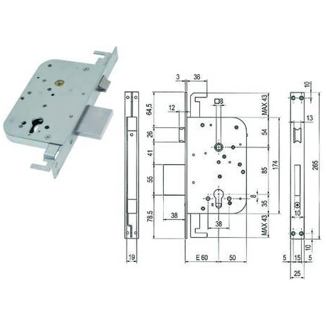 SERRATURA SAB TRIPLICE INFILARE A CILINDRO C/SCROCCO E CATENACCIO 600Y 404181