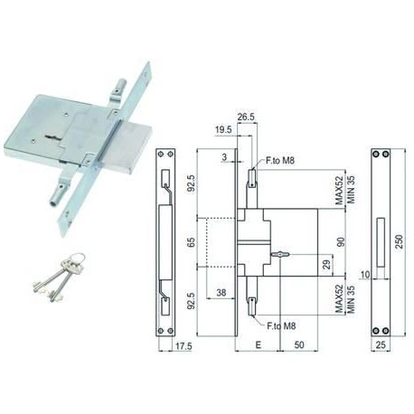 SERRATURA SAB TRIPLICE DA INFILARE DOPPIA MAPPA ATTACCO ASTE M8 450/3M8S